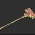 Fantasy Hammer Weapon With Golden Decoration Red Panels And Curved Handle