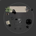 Modern Beige Sofa And Wooden Coffee Table Set With Green Plants Small Stools And Carpet
