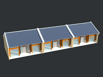 Modern Row of Commercial Buildings with Blue Roofs and Glass Storefronts 3d model
