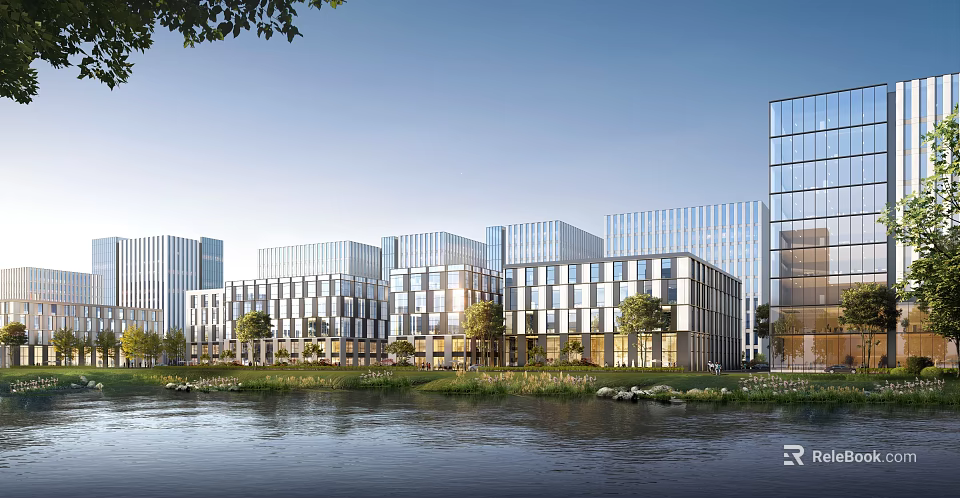 Modern Office Complex With Glass Facades Riverfront View And Green Landscaping 3d model 