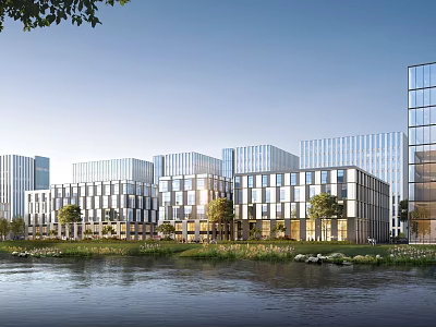 Modern Office Complex With Glass Facades Riverfront View And Green Landscaping 3d model