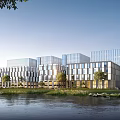 Modern Office Complex With Glass Facades Riverfront View And Green Landscaping