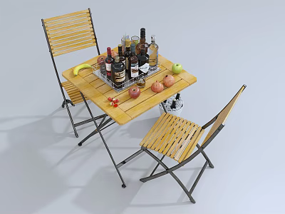Folding Outdoor Table with Fruits Bottles Metal Tray and Two Chairs 3d model
