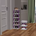 Multi Tier Purple And White Shoe Rack With Shoes Handbag Decorations And Wooden Floor