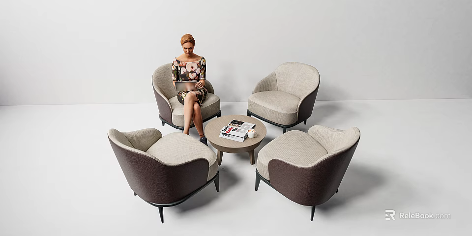 Modern Leisure Sofa Set with Four Armchairs and Round Coffee Table 3d model