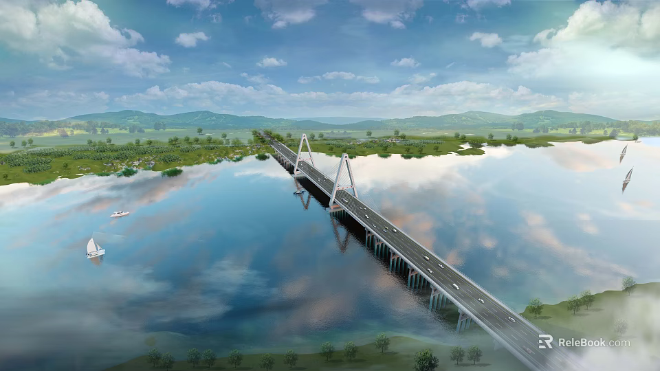 Modern Cable Stayed Bridge Spanning River With Boats Green Vegetation And Mountains 3d model 