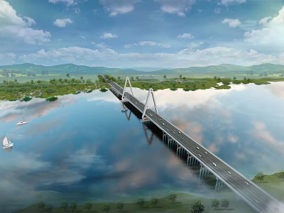 Modern Cable Stayed Bridge Spanning River With Boats Green Vegetation And Mountains 3d model