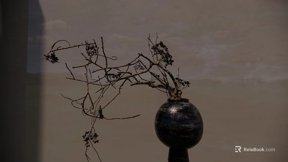 Decorative Black Vase with Dried Branches Against Light Colored Wall Interior Design 3d model