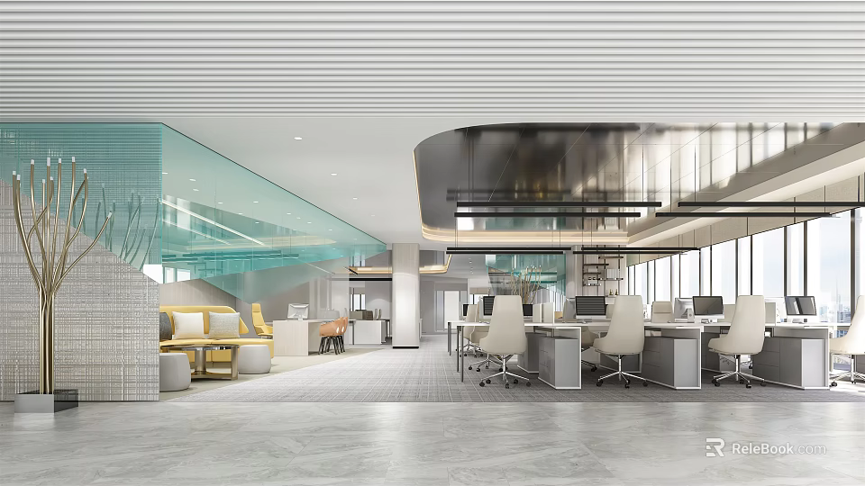 Modern Public Office Space Design With Open Layout Glass Partitions And Ergonomic Chairs 3d model 