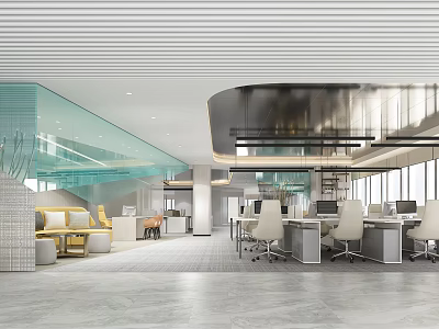 Modern Public Office Space Design With Open Layout Glass Partitions And Ergonomic Chairs 3d model