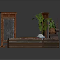 Traditional Architecture Interior Design With Wooden Screen Chest Chair And Green Plants