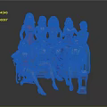 Group of women sitting standing in colorful dresses suits against gray background with small table