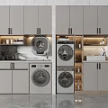 Modern Gray Bathroom Cabinetry With Washing Machine Dryer Marble Countertop And LED Lighting