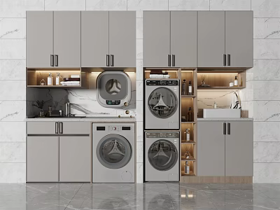 Modern Gray Bathroom Cabinetry With Washing Machine Dryer Marble Countertop And LED Lighting 3d model