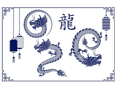 Traditional Chinese Style Wall Decor Featuring Dragons Chinese Character and Lanterns 3d model