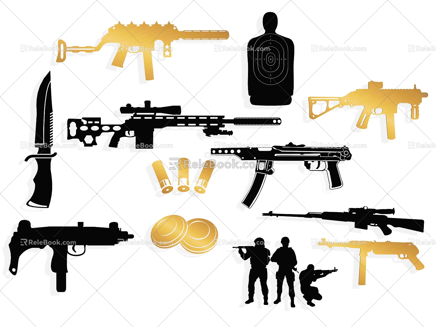 Weapons and weapons Pistol Submachine rifle Ammunition Equipment Sniper Rifle Dagger Target Soldier Grenade Silhouette Wall Decoration Icon Element model