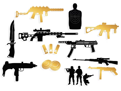 Weapon And Military Silhouettes With Guns Knife Bullets Coins And Soldiers 3d model