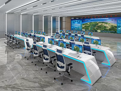 Modern Monitoring Room Interior With Workstations Computers Green Plants And Large Screens 3d model