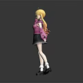 Blonde Twin Tailed Girl In Pink Sweater With Black Skirt And Little White Rabbit Companion