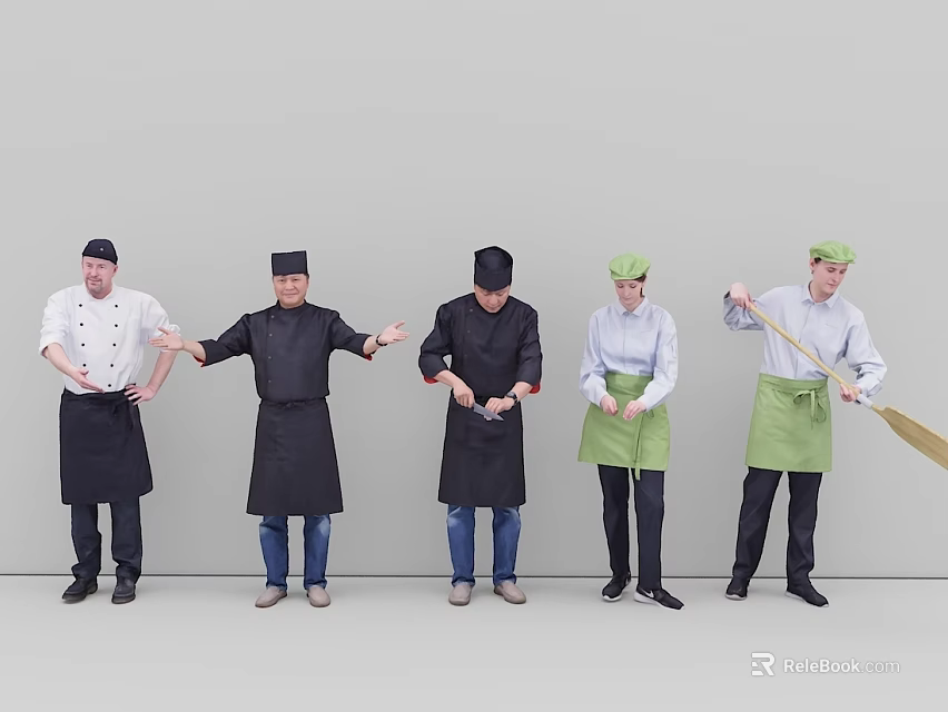 Group of Chefs in Different Cooking Uniforms With Hats Aprons and Varied Poses 3d model 