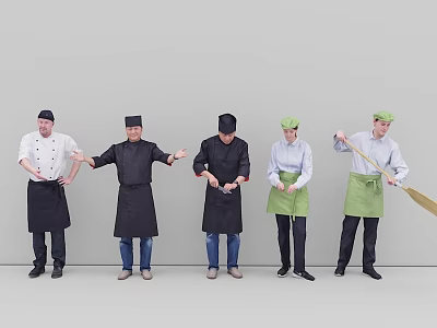 Group of Chefs in Different Cooking Uniforms With Hats Aprons and Varied Poses 3d model