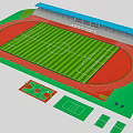 Football Stadium with Green Grass Pitch Red Running Track Blue Stands and Small Sports Courts