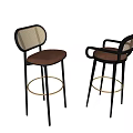 Modern Bar Stools With Woven Backrest Brown Padded Seat And Black Metal Legs