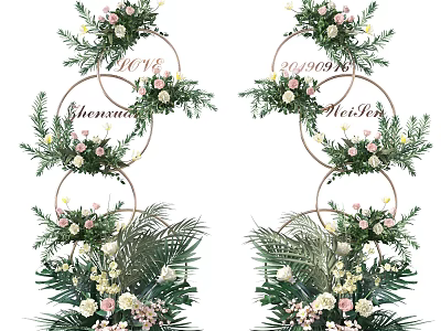 Garden Decor With Floral Arrangement Circular Greenery Rings And Fresh Flowers 3d model