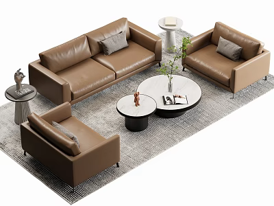 Modern Brown Leather Sofa and Coffee Table Set with Round Table Pillows and Green Plant 3d model
