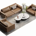 Modern Brown Leather Sofa and Coffee Table Set with Round Table Pillows and Green Plant