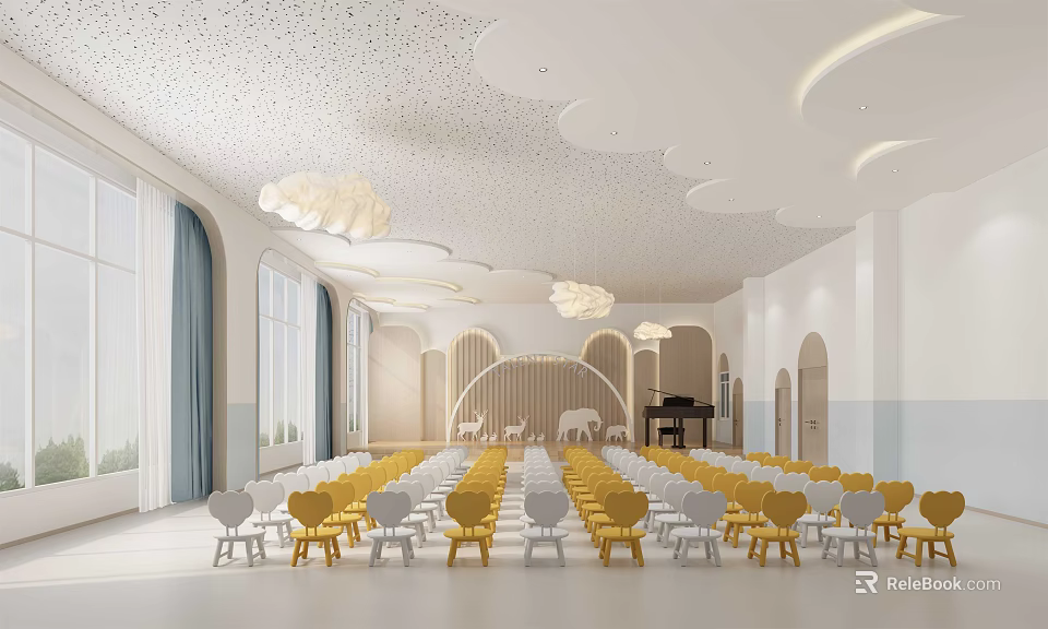 School Auditorium With Cloud Decor Chandeliers And Neatly Arranged Yellow White Chairs 3d model 