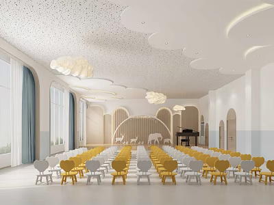 School Auditorium With Cloud Decor Chandeliers And Neatly Arranged Yellow White Chairs 3d model