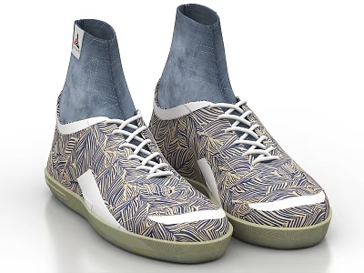 High Top Patterned Shoes With Blue Gray Upper Cream Accents And Green Sole 3d model