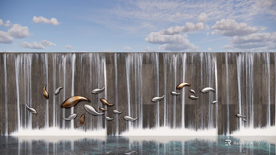 Scenic Waterfall Dam With Metal Leaf Decorations And Blue Sky Reflection 3d model