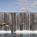 Scenic Waterfall Dam With Metal Leaf Decorations And Blue Sky Reflection 3d model