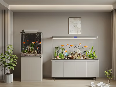 Modern Home Aquarium Fish Tank Setup with Cabinet Plants Decorations and Colorful Tropical Fish 3d model