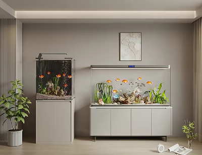 Modern Home Aquarium Fish Tank Setup with Cabinet Plants Decorations and Colorful Tropical Fish 3d model