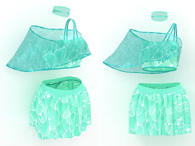 Women's Light Green Floral Pattern Fashion Cropped Top And Skirt Set With Headband 3d model