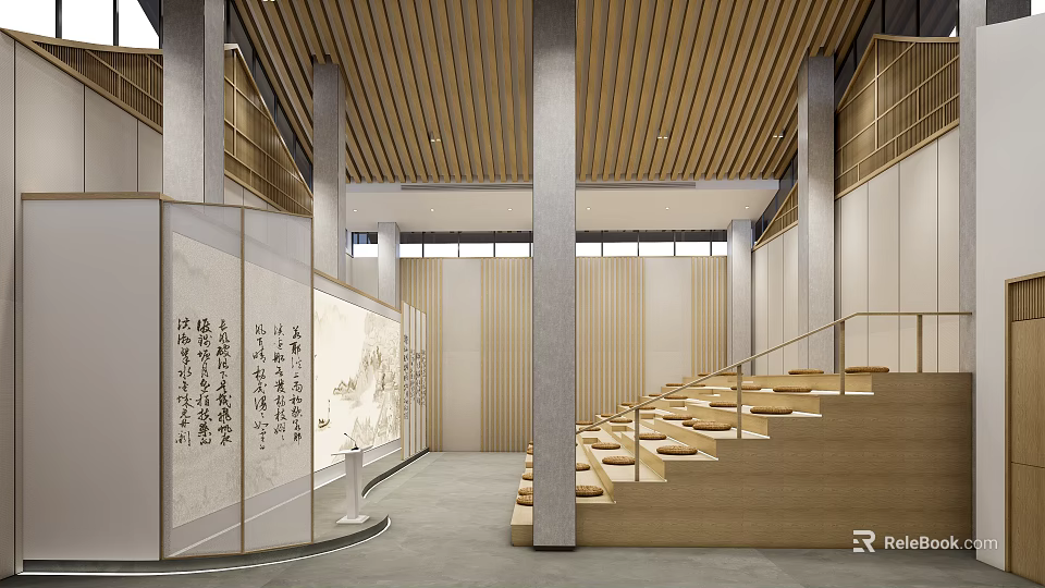 School Cultural Classroom With Wooden Ceiling Calligraphy Works Step Seats And Columns 3d model 