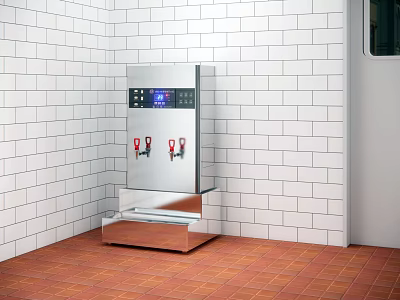 Commercial Kitchen Featuring White Tiled Walls Red Brick Flooring Stainless Steel Appliance And Foot Pedal 3d model