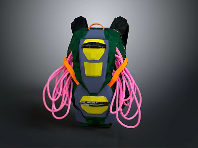 Green And Gray Backpack With Yellow Geometric Shapes Black Top And Pink Hanging Ropes 3d model