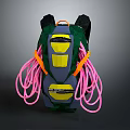 Green And Gray Backpack With Yellow Geometric Shapes Black Top And Pink Hanging Ropes
