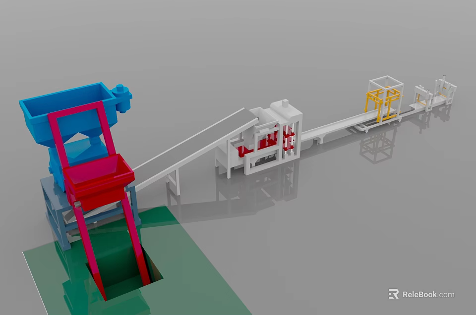 Industrial Equipment System With Blue Red Hoppers White Processor Yellow Frame And Conveyor Belt 3d model 