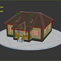 Small Wooden House Model With Brown Roof Two Chimneys And Blue Windows On White Platform