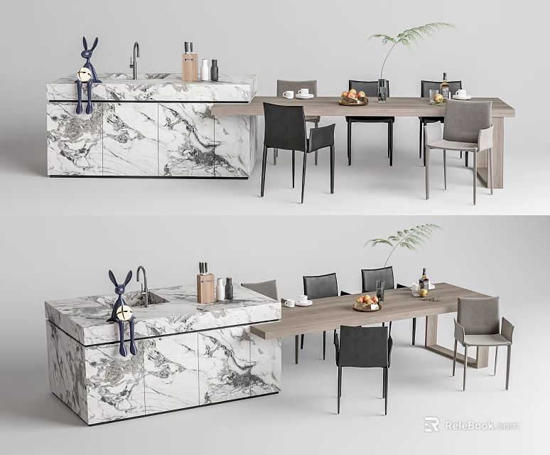Modern Dining Table Set With Marble Countertop Chairs And Decorative Plants 3d model