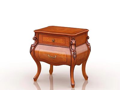 Classic Wooden Bedside Table with Carved Details Drawer and Curved Legs 3d model