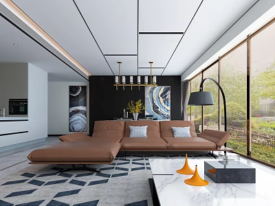Modern Living Room Interior With Brown L shaped Sofa White Marble Coffee Table And Abstract Painting 3d model