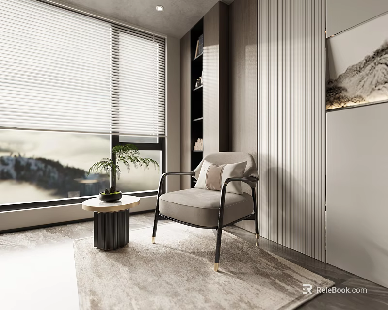 Modern Accent Chair Light Tones Metal Legs Pillow Near Window Small Round Table Plant Rug 3d model 
