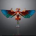 Vibrant Parrot Mythical Character With Colorful Wings Red Gold Costume Headdress And Weapon