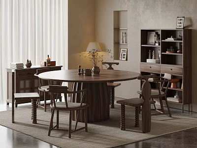 Round Wooden Dining Table Set with Matching Chairs and Storage Cabinet in Cozy Living Interior 3d model